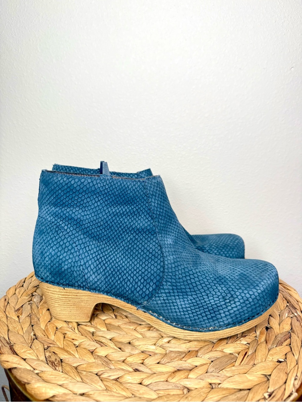 Dansko Maria ankle boot clogs Leather Suede slate blue python Embossed Booties